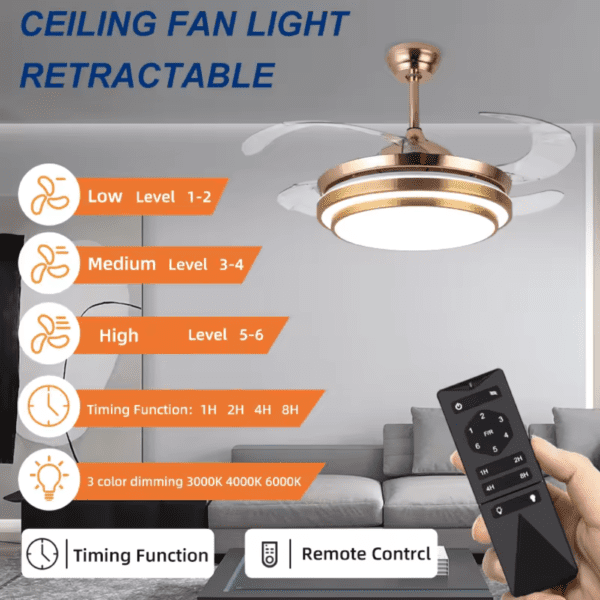 Gold Ceiling Fan Light with Foldable Blades - Tempest - Image 2