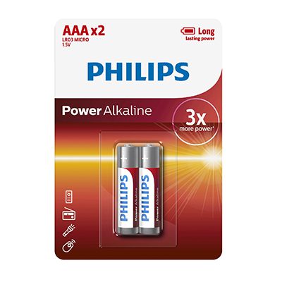 Image of Philips Power Alkaline LR03 AAA Batteries 1.5V 2 Pack AV332