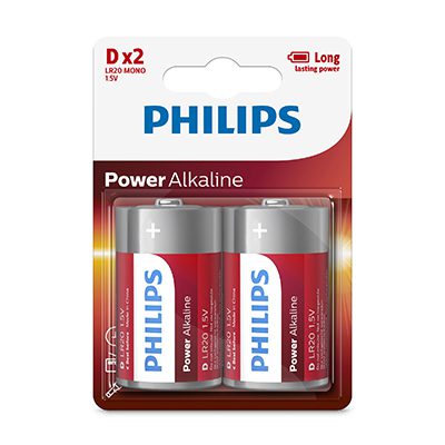 Image of Philips Power Alkaline LR20 D Batteries 15V 2 Pack AV334