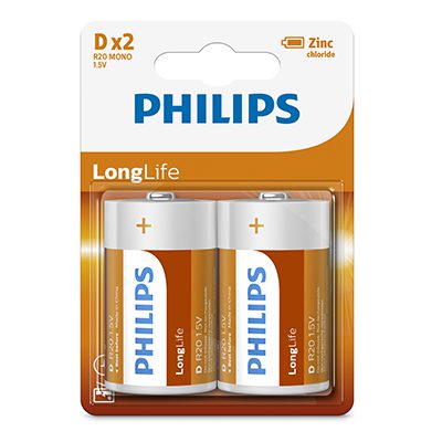 Image of Philips Longlife Zinc D Batteries 1.5V 2 Pack AV593