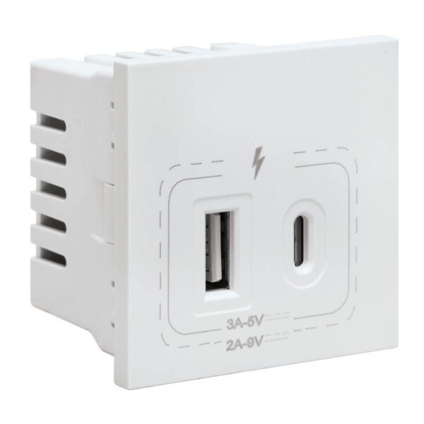 VETi 3 AURA - 18W Combined USB A & C Socket Module - White Modular