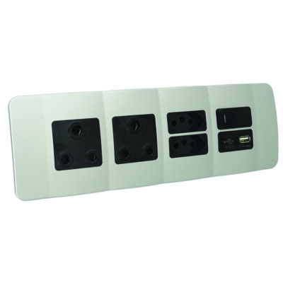 VETi 1 - USB, V-Slim, RSA Sockets & Switch Omni Cluster - Black + Silver Complete