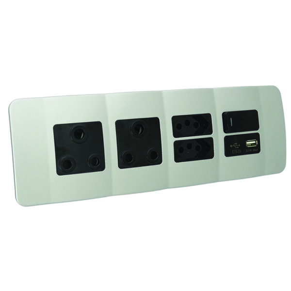 VETi 1 - USB, V-Slim, RSA Sockets & Switch Omni Cluster - Black + Silver Complete