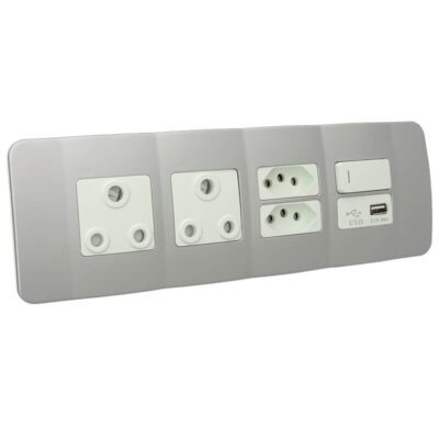 VETi 1 - USB, V-Slim, RSA Sockets & Switch Omni Cluster - White + Silver Complete