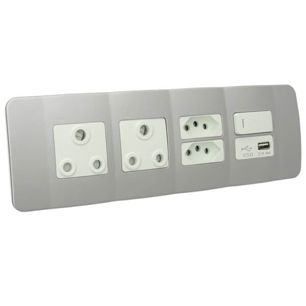 VETi 1 - USB, V-Slim, RSA Sockets & Switch Omni Cluster - White + Silver Complete