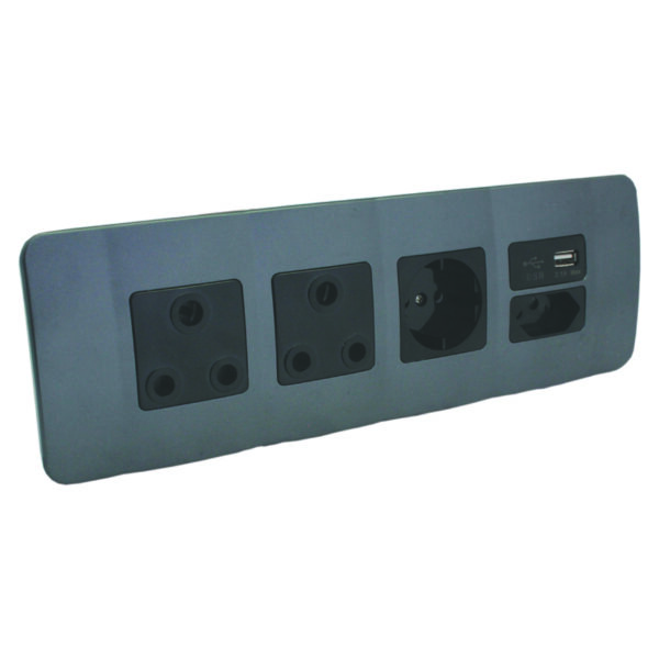 VETi 1 - USB, V-Slim, RSA & Schuko Socket Omni Cluster - Black + Gun Metal Complete