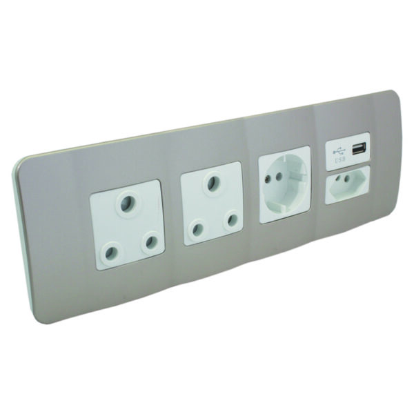 VETi 1 - USB, V-Slim, RSA & Schuko Socket Omni Cluster - White + Champagne Complete