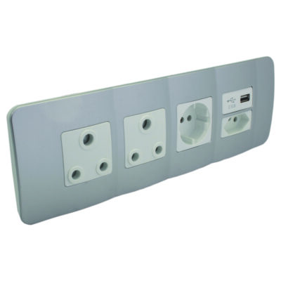 VETi 1 - USB, V-Slim, RSA & Schuko Socket Omni Cluster - White + Silver Complete