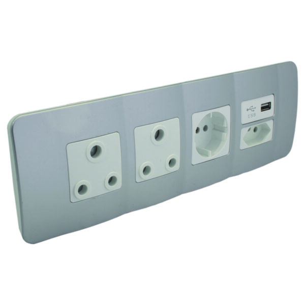 VETi 1 - USB, V-Slim, RSA & Schuko Socket Omni Cluster - White + Silver Complete