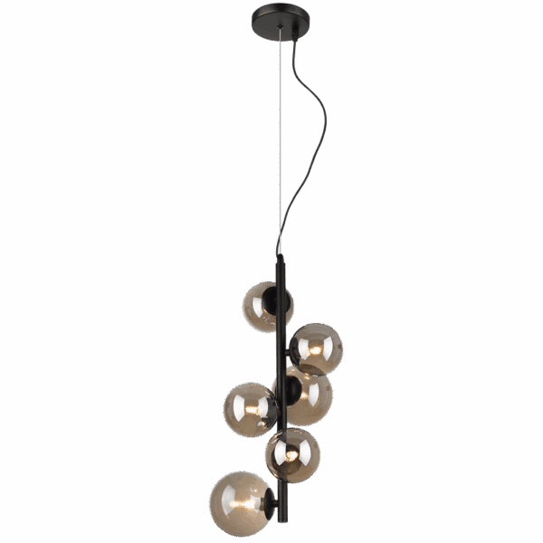 Brightstar PEN470/6 MATT BK Metal Pendant with Smoke Colour Glass