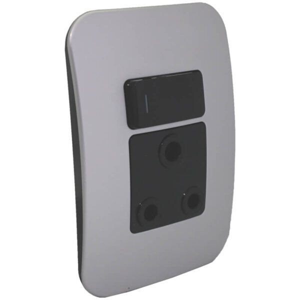 VETi 1 - Single Switched Wall Socket - Black + Silver Complete