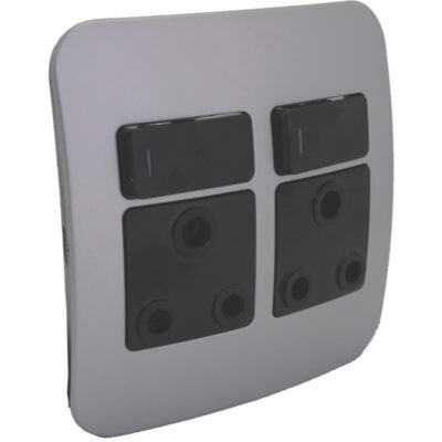 VETi 1 - Double Switched Wall Socket - Black + Silver Complete