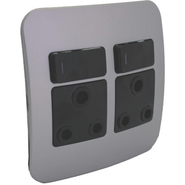 VETi 1 - Double Switched Wall Socket - Black + Silver Complete