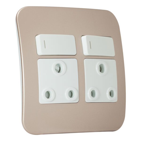 VETi 1 - Double Switched Wall Socket - White + Champagne Complete