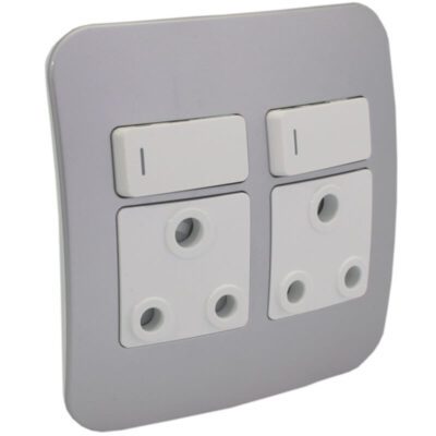 VETi 1 - Double Switched Wall Socket - White + Silver Complete