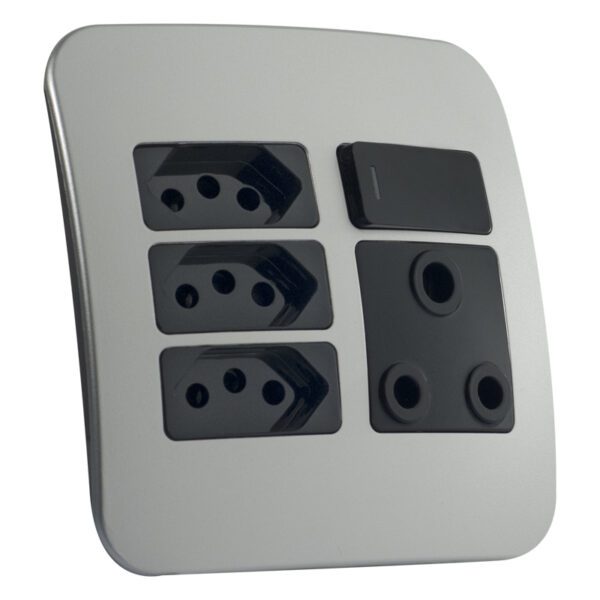 VETi 1 - Switched Wall Socket, 3x V-Slim - Black + Silver Complete