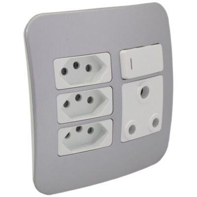 VETi 1 - Switched Wall Socket, 3x V-Slim - White + Silver Complete