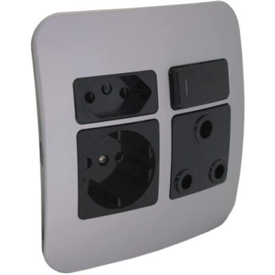 VETi 1 - Round 2 Pin Plug Wall Socket - Black + Silver Complete