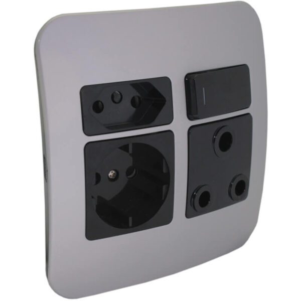 VETi 1 - Round 2 Pin Plug Wall Socket - Black + Silver Complete