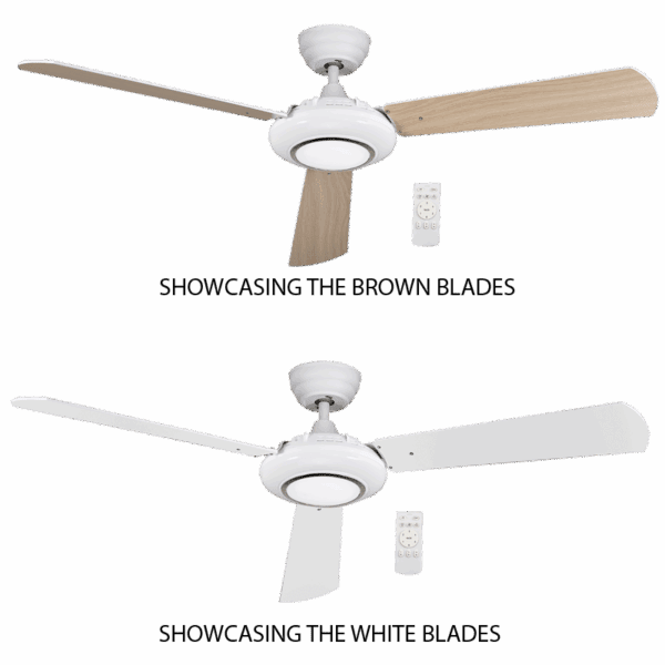 Brightstar FCF085 WHITE Metal Ceiling Fan with 3 MDF brown and white Reversible Blades, 50” (127cm)