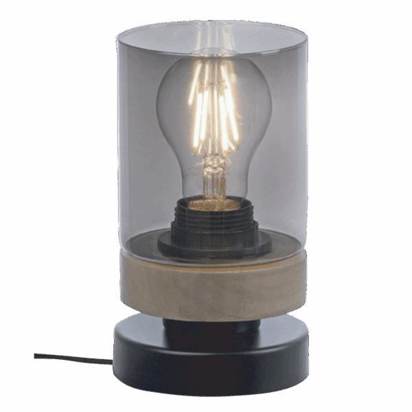 Brightstar TL699 WOOD Metal and Wood Table Lamp with Smoke Colour Glass