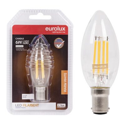Eurolux Candle Filament 6w LED B15 3000K Dimmable Blister 105lm - G1125WW