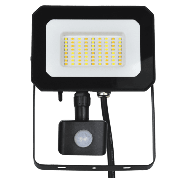 Brightstar FL033 BLACK 30W LED Die Cast Aluminum Flood Light with Tempered Glass Lens and PIR Sensor