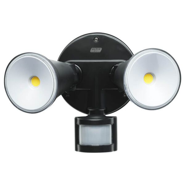 Major Tech 20W LED Black PIR Motion Sensor Twin Head Floodlight 2400lm - 5000K (Neutral White)