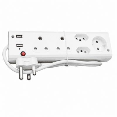 5 Way Multiplug (2 x 2 pin + 2 x 3 pin + 1 x Schuko 2 Pin + USB)