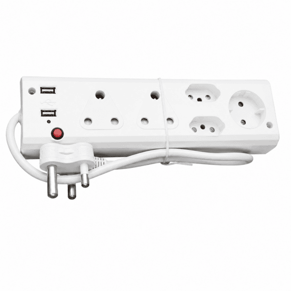 5 Way Multiplug (2 x 2 pin + 2 x 3 pin + 1 x Schuko 2 Pin + USB)