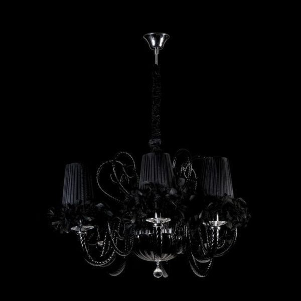K-Light 40W E14 230V 5 Black Glass Arm Chandelier with Feather Trimmed Shades - U-KLCH-5757-5/B