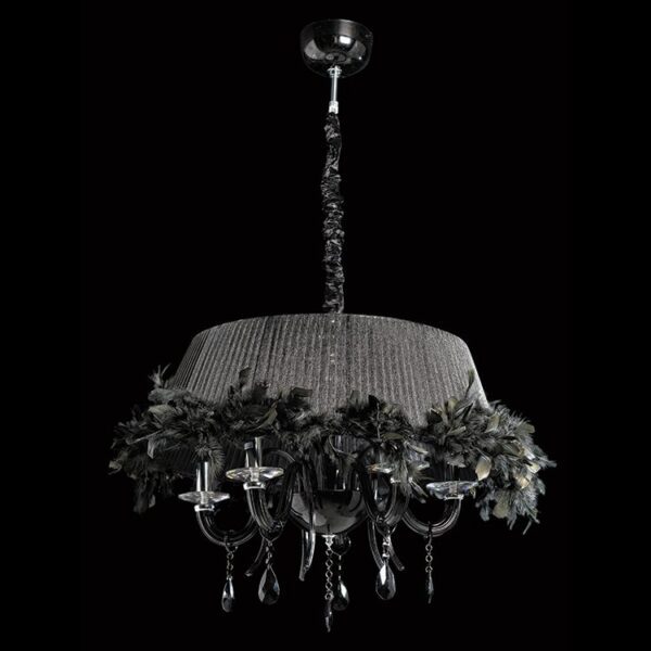 K-Light 40W E14 230V 5 Black Glass Arm Feather Shade Chandelier with Crystals - U-KLCH-9181-5/B